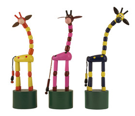 three colorful wooden toy giraffes in a row isolated on white background - 99578920