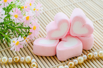 Sweet heart shape of pink marshmallows