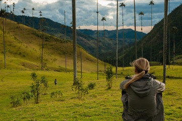 Girl with grey jacket sitting on green grass watching tall palm trees in Cocora Valley