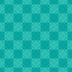 Seamless vector pattern. Symmetrical geometric background with squares on the blue backdrop. Decorative repeating ornament.