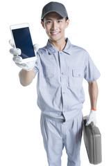Repairman showing smart phone