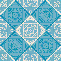 Seamless vector pattern. Symmetrical geometric background with rhombus and circles on the blue backdrop. Decorative repeating ornament.