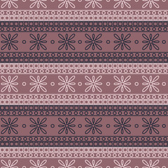 Seamless vector pattern. Symmetrical geometric background with colorful squares and flowers on the pink backdrop. Decorative ornament.