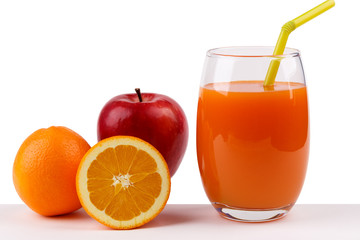Fresh juice from apple and orange on white background