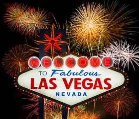 Poster Welcome to Fabulous Las Vegas with colorful firework background © littlestocker