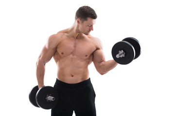 Fototapeta na wymiar Determined Muscular Man Lifting Dumbbells