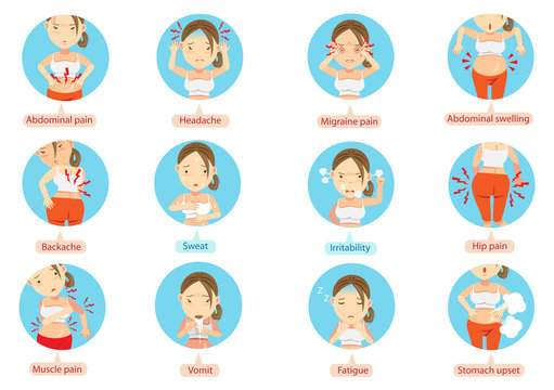 Menstrual cramps menstruation pain or stomach ache.Cartoon character of the women in the circle vector illustration.