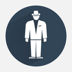 Man icon. Office worker symbol. Standing figure in suit, hat. Round dark gray icon with long shadow. Vector  - obrazy, fototapety, plakaty