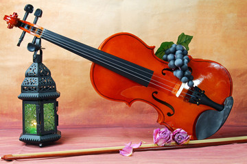 A still life violin, grapes and flowers, selective focus.