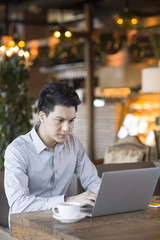 Young man using laptop in cafe
