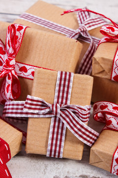 Wrapped gifts in recycled paper for Valentines or other celebration
