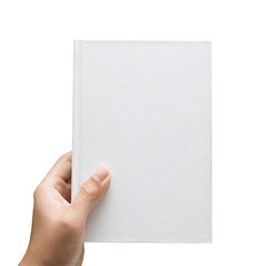hand holding white blank book isolated on white