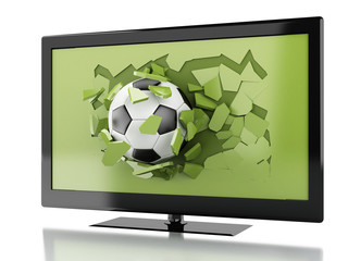 3d soccer ball breaking Tv screen.