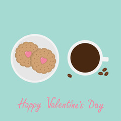 Biscuit cookie cracker with pink heart on the plate Cup of coffee, beans. Happy Valentines Day. Flat design.