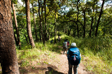 Naklejka premium Hiker with backpack standing on top of a mountain