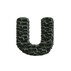 Closeup pile of black stone in U english alphabet isolated on white background