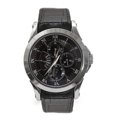 Wristwatch with black leather strap isolated on white background