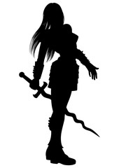Woman warrior with flaming sword silhouette.
illustration fantasy knight  woman with wavy sword