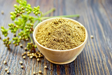 Coriander powder in bowl on board