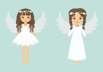 girl angel with curly hair and white long dress