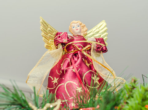 Angel Christmas Tree Ornament, Topper, Close Up. Dressed Angel With Wings.