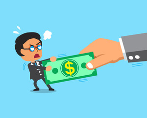 Cartoon businessman and big hand do tug of war with money
