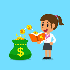 Cartoon businesswoman open a book that has money coins