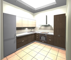 beige brown kitchen, interior design 3D rendering 
