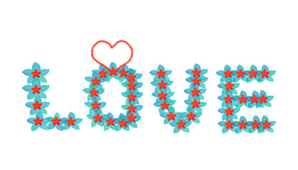 Word or alphabet love in colourful tropical flowers pattern with