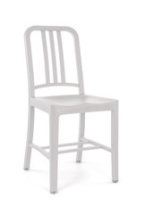 White Plastic Outdoor Chair on White Background, Three Quarter View