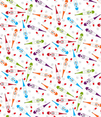 Vector seamless pattern of multi-colored thermometers and pills. Pills and electronic thermometers randomly scattered.
