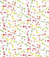 Vector seamless pattern of multi-colored thermometers and pills. Pills and electronic thermometers randomly scattered.