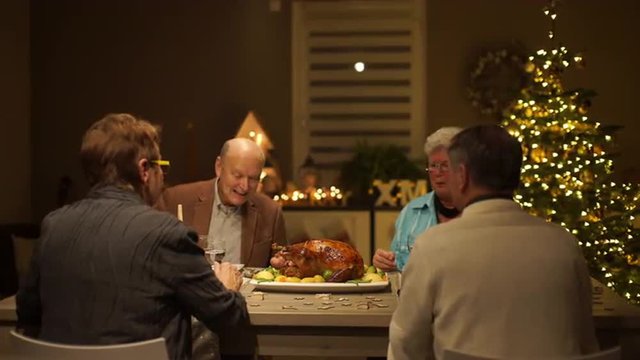 4k footage, two senior couples sitting on dining table on christmas eve at home with lighted xmas tree, cheering with wine over roasted turkey, captured with atomos shogun
