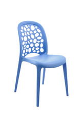Blue Plastic Cafe Chair on White Background, Three Quarter View