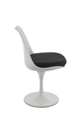 White Plastic Retro Chair with Black Cushion on White Background, Side View