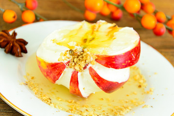 Apple Stuffed with Cream Cheese Dietary Food. Brunch.