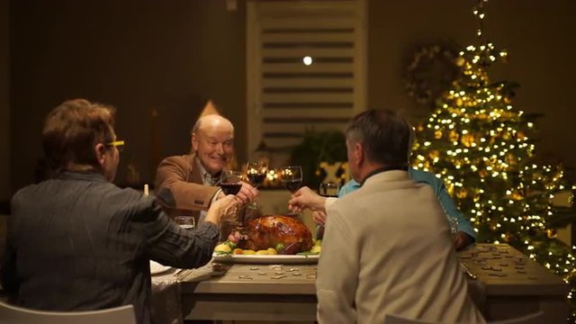 4k footage, happy senior friends sitting on dining table on christmas eve at home with lighted xmas tree, cheering with wine over roasted turkey, captured with atomos shogun
