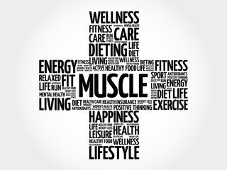 Muscle word cloud, health cross concept