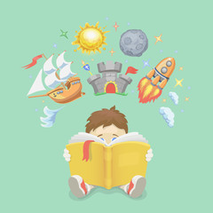 Imagination concept, boy reading a book, rocket flying out, ship, castle, planet. illustration