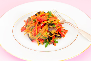 Diet and Healthy Food: Salad with Eggplant, Carrots.