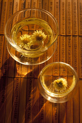 Close-up of Chrysanthemum Tea and bamboo slip
