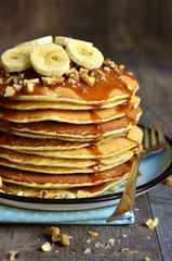 Pancakes with banana,walnut and caramel.