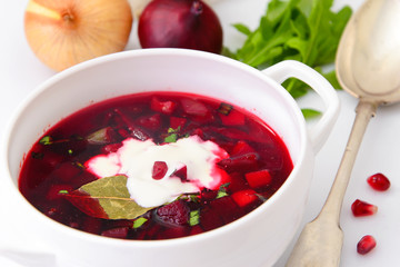 Healthy Food: Soup with Beets, Green Beans and Vegetables.