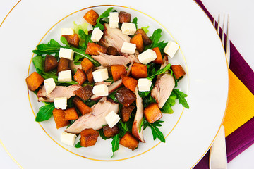 Salad with Chicken, Arugula, Caramelized Pumpkin and Feta Cheese