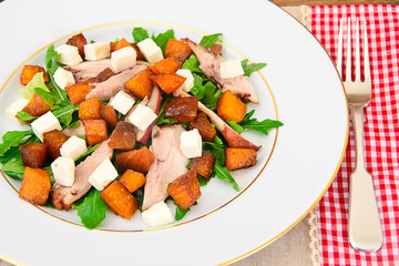Salad with Chicken, Arugula, Caramelized Pumpkin and Feta Cheese