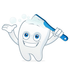 Tooth cartoon mascot brushing teeth