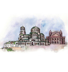 the panoramic view of Sofia watercolor of european union isolated on the white background