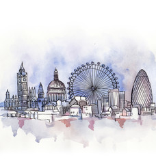 the  panoramic view of London watercolor of european union country isolated on the white background