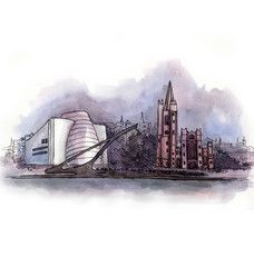 the panoramic view of Dublin watercolor of european union isolated on the white background