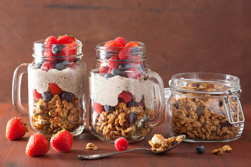 homemade granola and chia seed pudding with berry healthy breakf